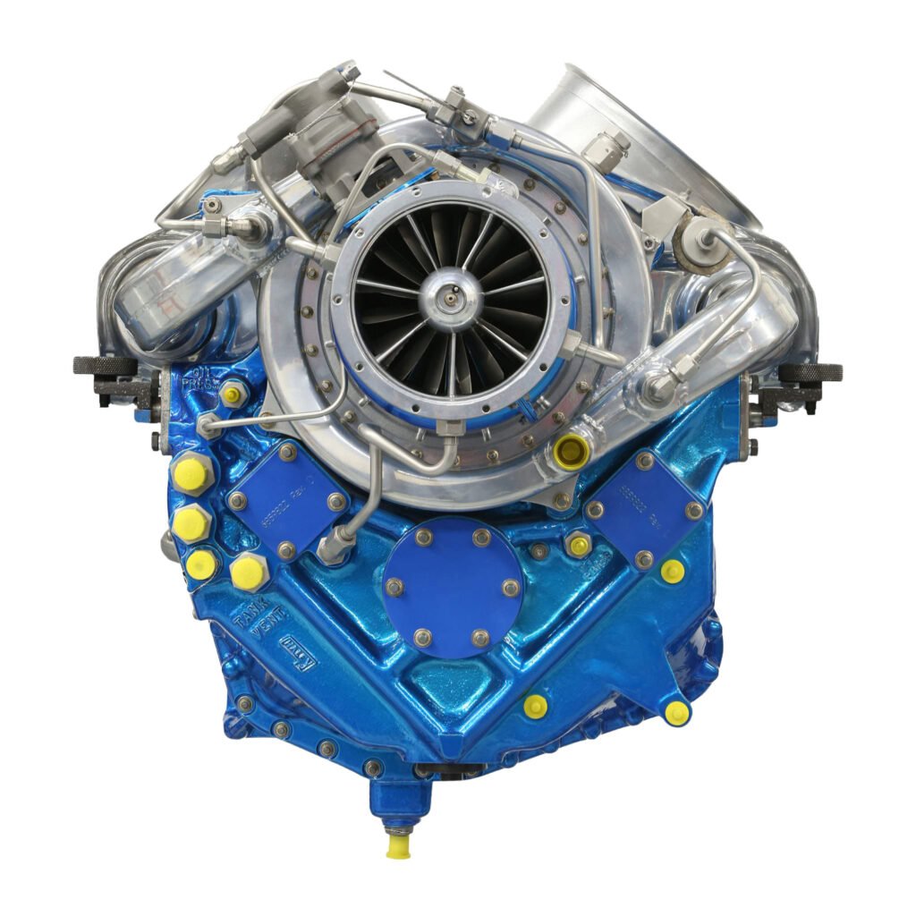 Front view of an engine assembly with a blue lower housing