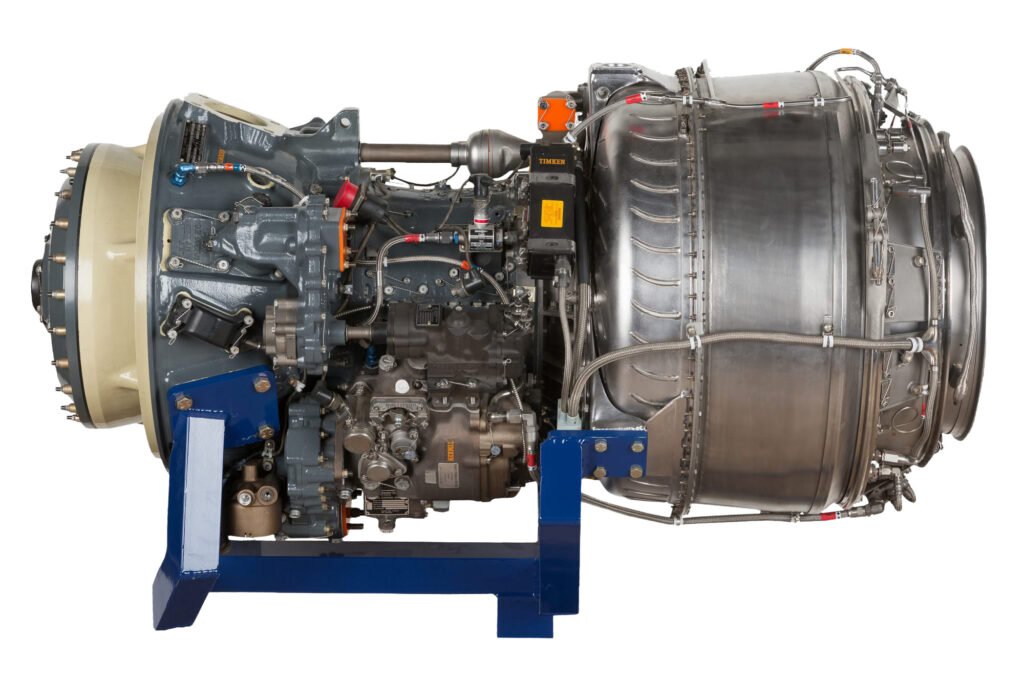 Side view of a turbine engine on a blue support stand
