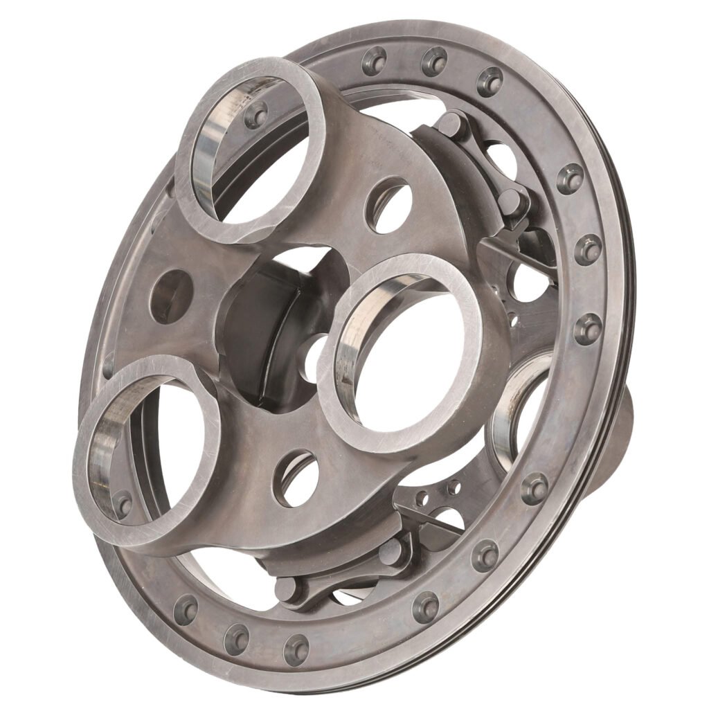 Circular metal assembly with bolts and round cutouts