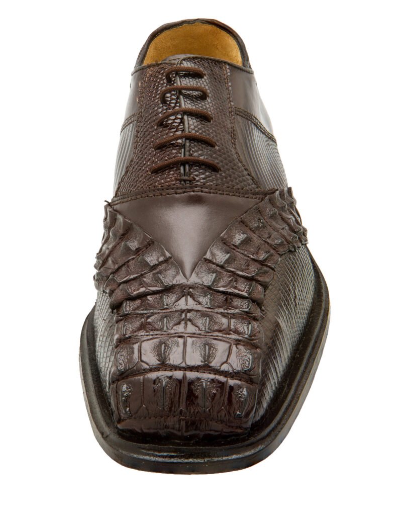 Close-up of a brown woven-leather dress shoe