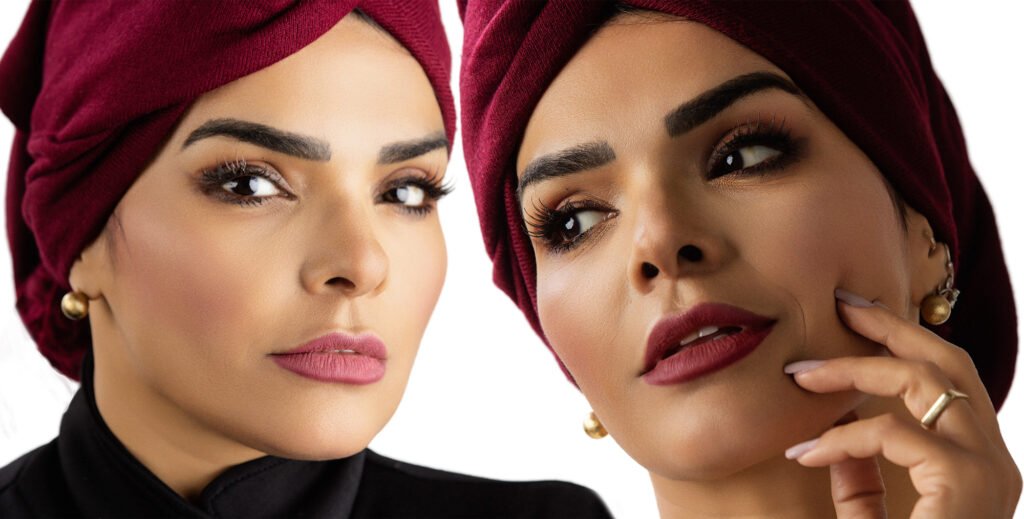 Two close-up beauty portraits of a woman wearing a burgundy headwrap